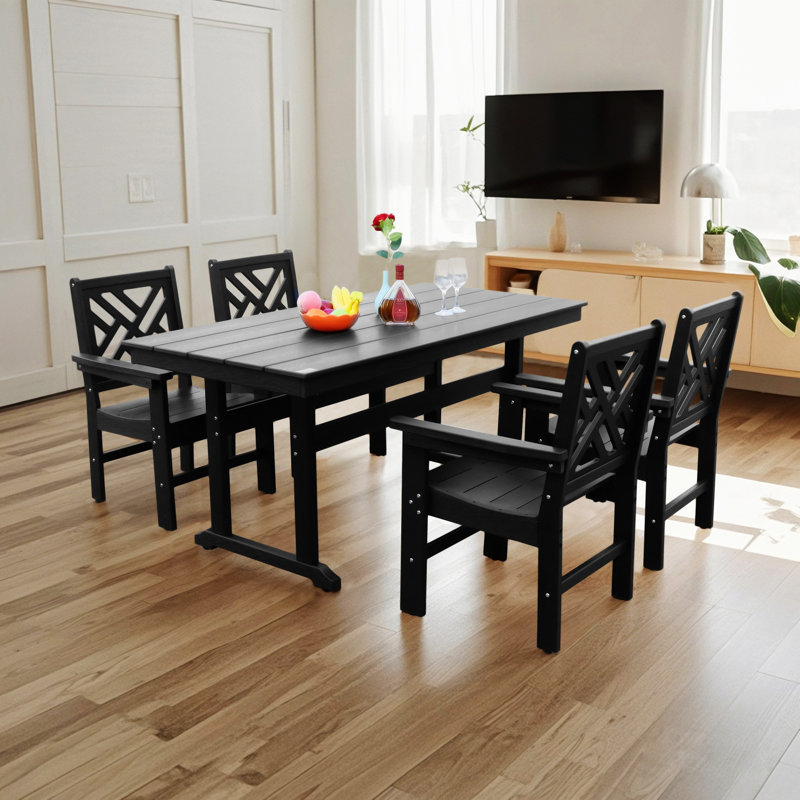 Ensemble de mobilier d'extérieur 5 pièces en PEHD pour 4 personnes, Noir, 4