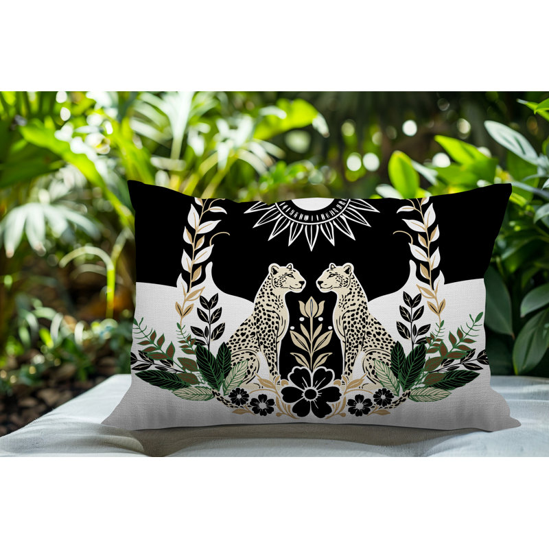 Oreiller rectangulaire réversible intérieur / extérieur Spoke Leopard, Rectangle H 14 po x l 20 po, Noir