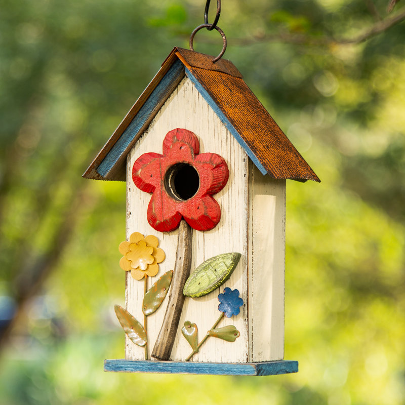 Strader Hanging Flower 10 in x 4 in x 6 in Birdhouse, White/Blue