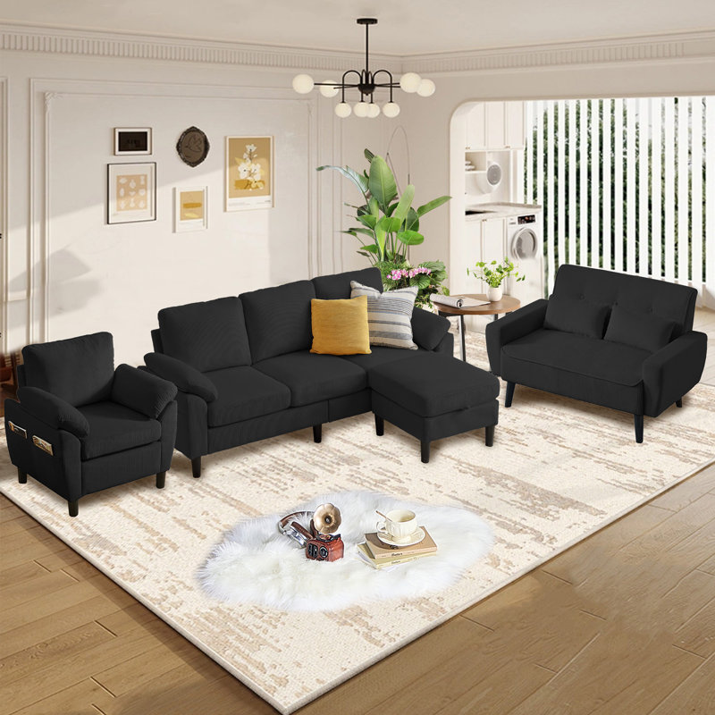 Ensemble de canapé modulaire 4 pièces avec causeuse et fauteuil, Noir