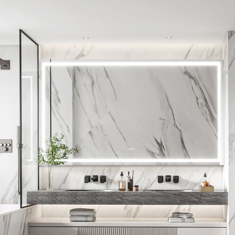 AMANI Rectangular Modern High Lumen Lighted LED Anti-Fog Dimmable Wall Mounted Bathroom Vanity Mirror, 84" x 40"
