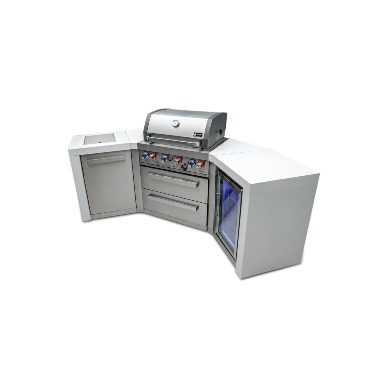 Four Burner 45 Degree Island In All 304 S/S With White Waterfall Granite Cabinets, Infrared Rear And Side Burners. The Grill Includes A Rotis Kit, Full Lighting System Inside The Grill, Color Changing On-Off LED Lights On The Knobs And A Granite Chopping 