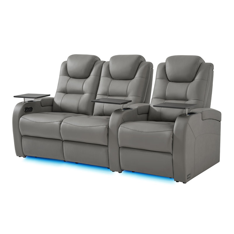 Double fauteuil inclinable de cinéma maison en cuir fleur avec ports USB et de type C, Cuir véritable gris