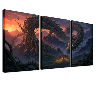 Tête de dragon à racines torsadées au-dessus d'une cabane illuminée - Ensemble de 3 toiles murales pour l'Halloween