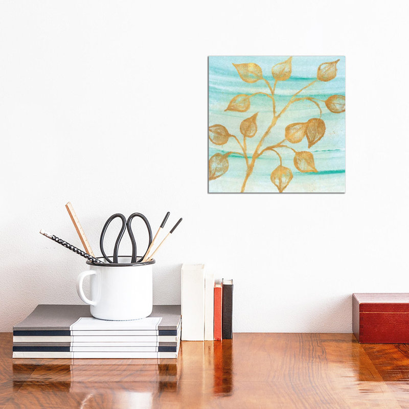 Gold Moment Of Nature On Teal I by Michael Marcon - Wrapped Canvas Painting, 30.48 cm H x 30.48 cm W