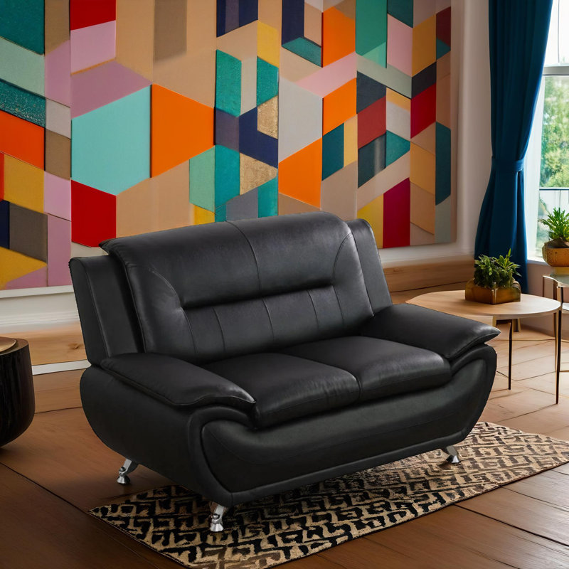 Soren Black  Vegan Leather Couch Living Room Loveseat, Black