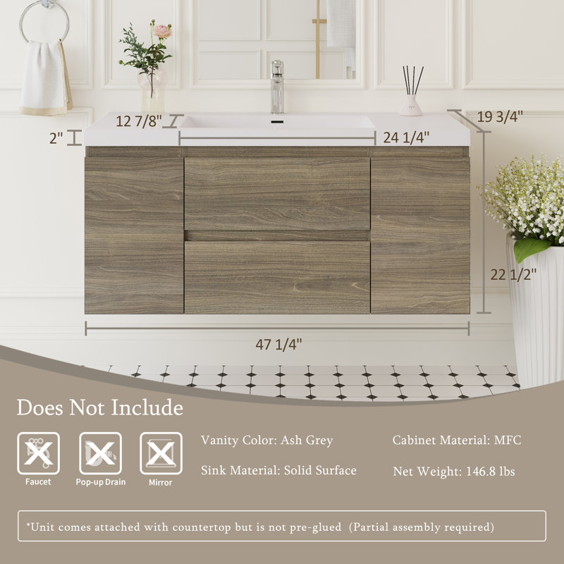 48" Floating Bathroom Vanity With Sink, 48", Gray Ash