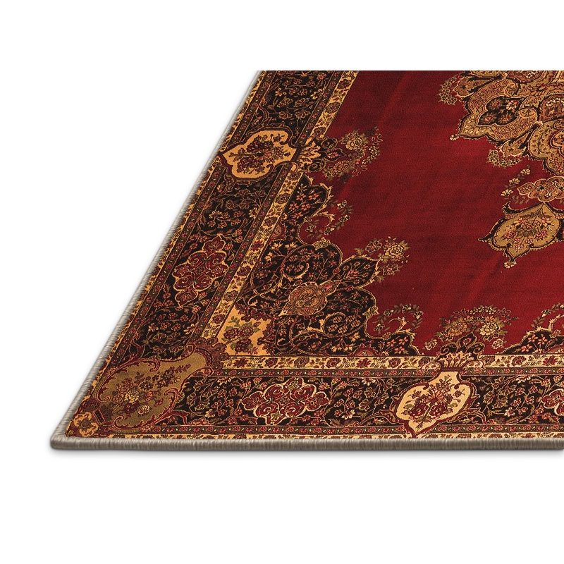 Tapis oriental en laine / polyester tissé à la machine en orange / noir / rouge, Rectangle 5 pi x 8 pi