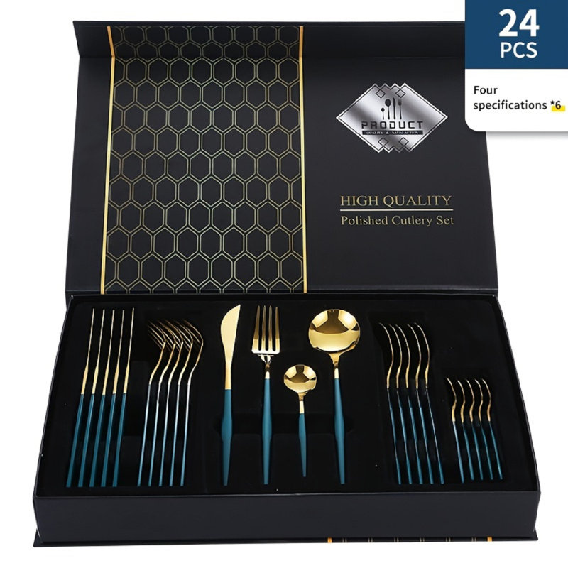 Ensemble de 24 pièces, ensemble de vaisselle en acier inoxydable, quatre pièces principales, boîte-cadeau pour couteau, fourchette et cuillère
