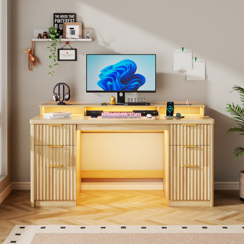 63''W Computer Desk With 3-Color Sensor Light & Power Outlets, Sturdy Table with Monitor Stand & File Drawer, Brown