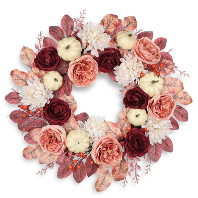 24 Inch Artificial Wreath Fall Floral Wreath Autumn Wreaths Large Autumn Peony Wreath with Pumpkins