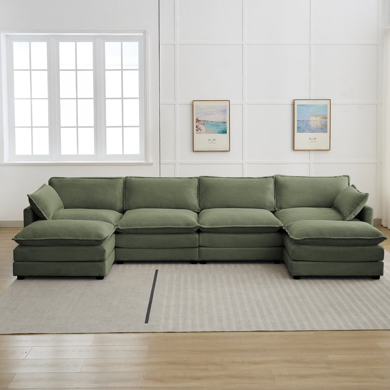 Redenius 6-Piece 148'' Upholstered U-Shape Sectional, Avocado Green Corduroy