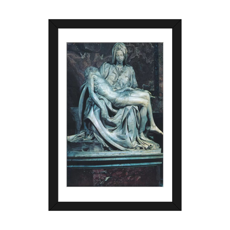 «Pieta» par Michelangelo, reproduction d'art sur toile tendue, H 24 po x l 16 po x P 1 po, Papier d'art encadré noir, Blanc