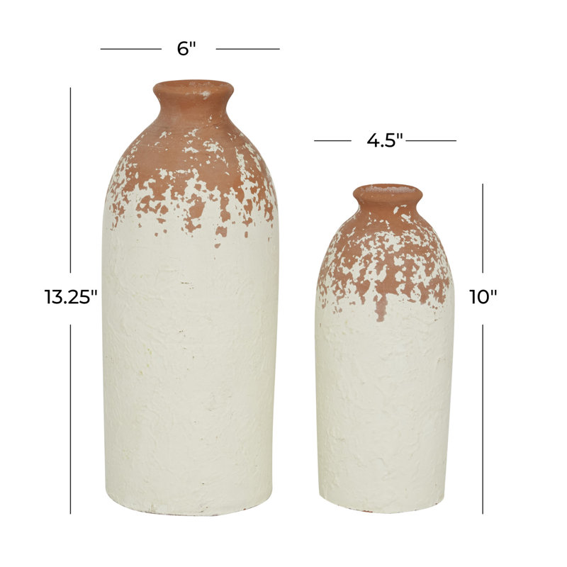 Set of 2 White and Terracotta Ceramic Bottle-Shaped Vases