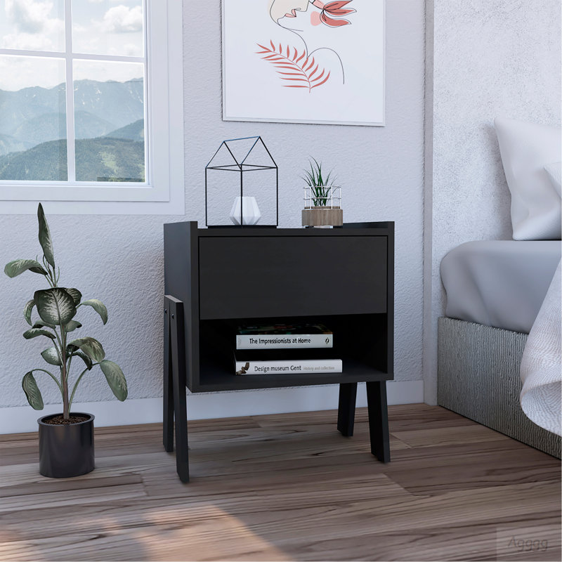 Table de chevet Joy, table de bout, table d'appoint à quatre pieds, une tablette ouverte, un tiroir - noir, Black