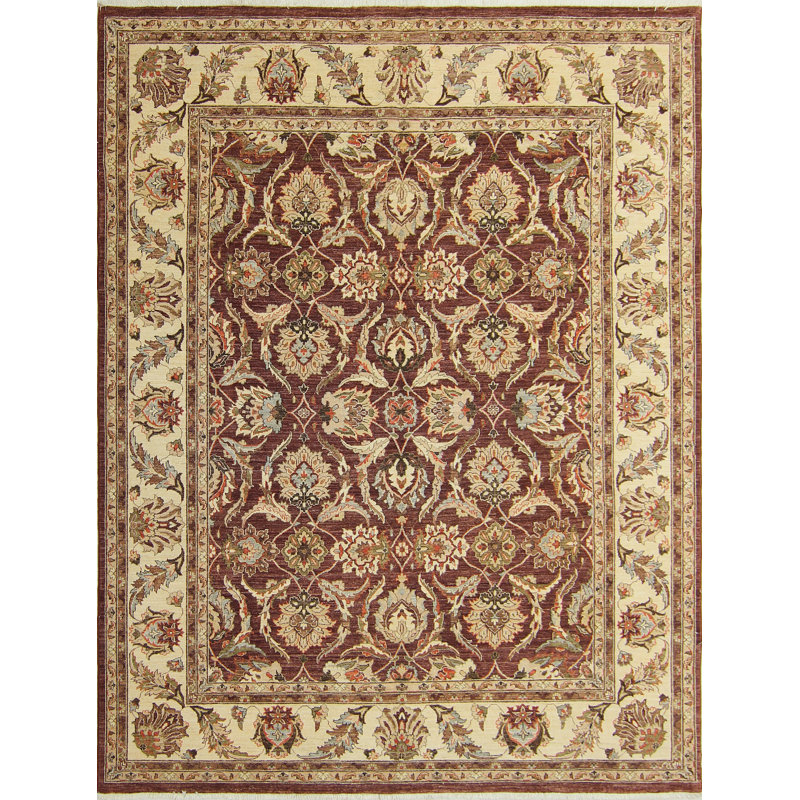 Tapis fin fait à la main Chobi Jennifer - Aubergine - Ivoire, 8 pi 0 po x 10 pi 6 po