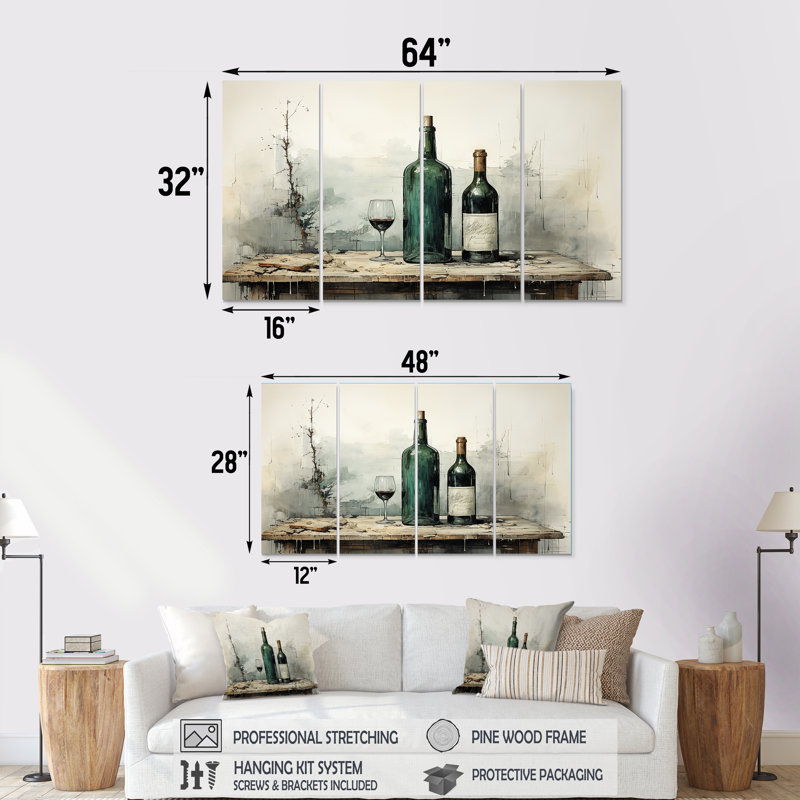 «Green Minimalist Wine Bottles Silhouette IV», art mural 4 pièces, H 32 po x l 64 po