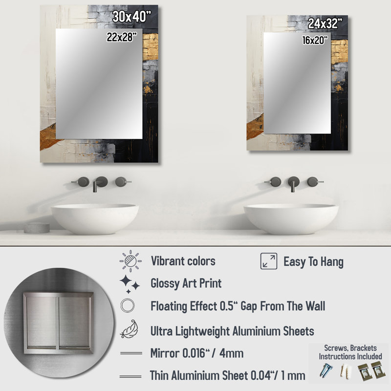 Gray Gold Minimalism Poteries - Abstract Spirals Large Wall Mirror, Gray Unique Mirror, Printed Metal Art, 32" x 24"