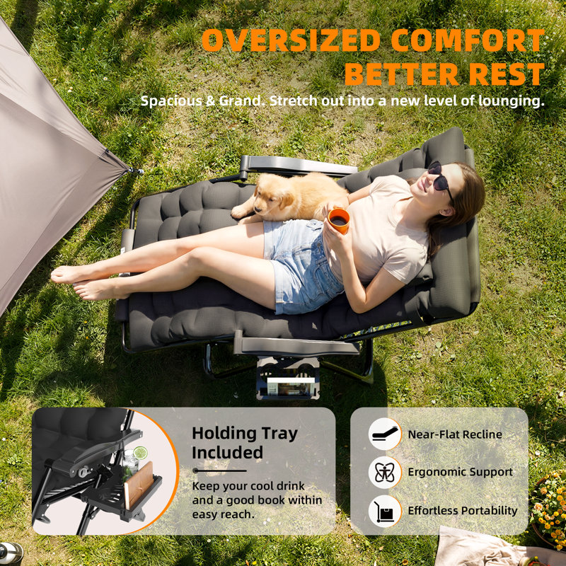 XXL Folding Zero Gravity Chair Patio Reclining Lounge Chair with Thick Cushions（Set of 2）, Black