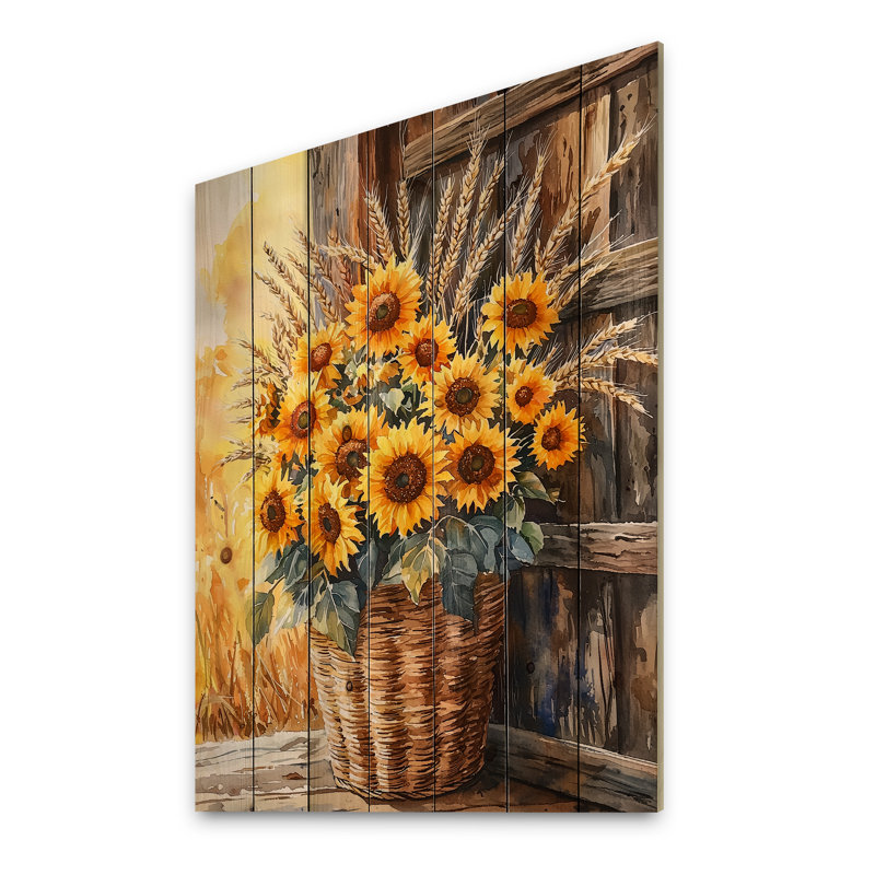 Tournesol et bouquet de blé à la grange - décoration murale en bois de tournesols - sur bois de pin naturel