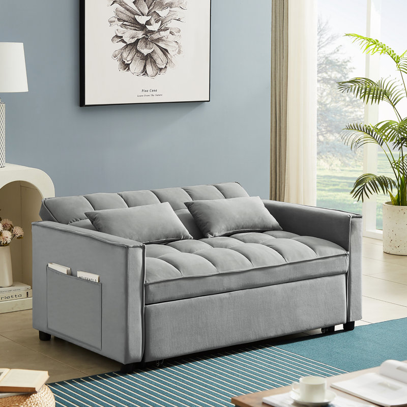 55'' Velvet Convertible Loveseat Sleeper Sofa with Adjustable Backrest, Pull-Out Bed and Pillows, Bluish Gray