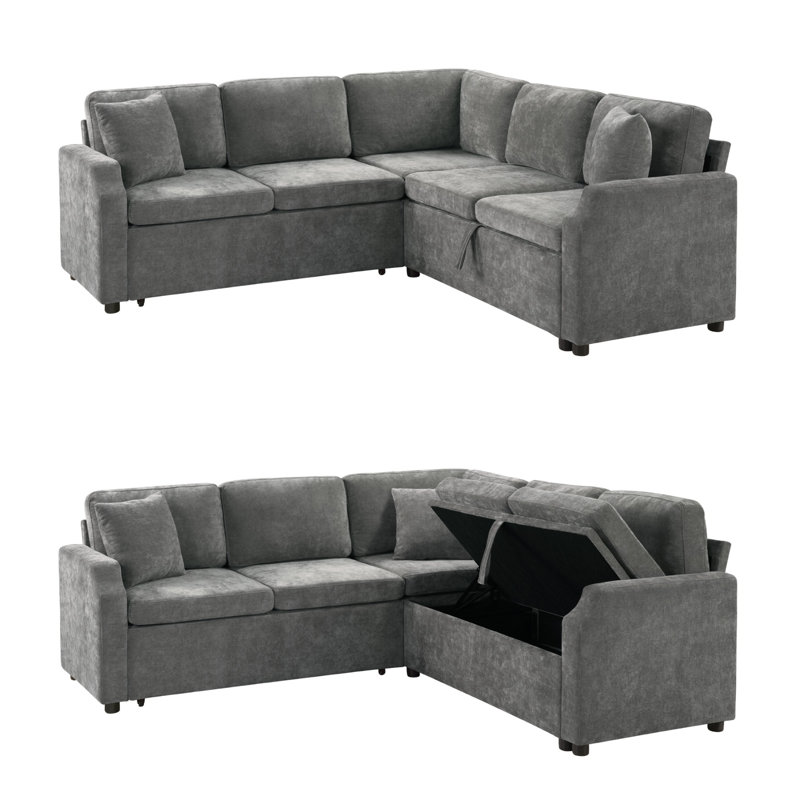 81.9" L-Shaped Sectional Sofa Bed with Storage – Chenille Upholstered Convertible Sleeper, 4-Seat Modular Couch with Hidden Compartment & Throw Pillows for Living Room