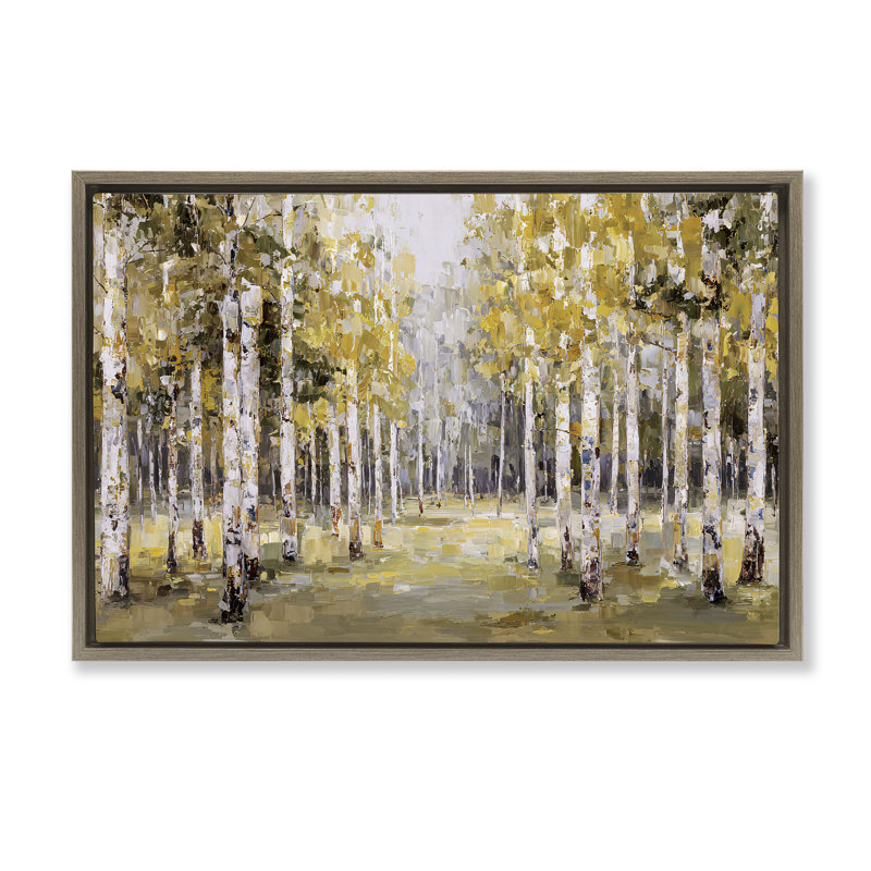 Cadre flottant impressionniste avec bouleaux et feuilles d'automne, design par Jacky Ngan, H 17 po x l 25 po