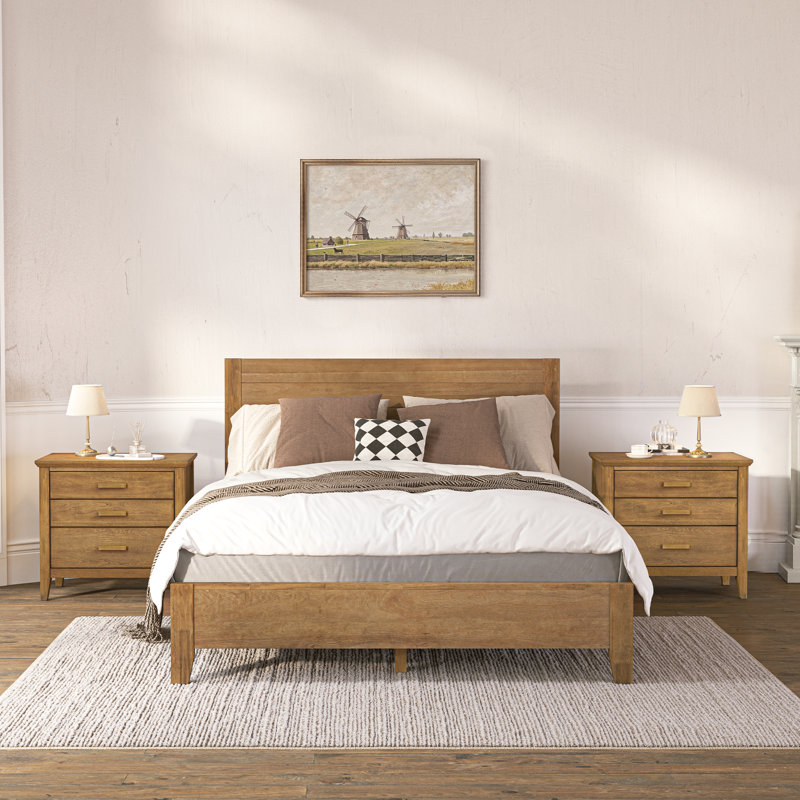 Ensemble de chambre à coucher 3 pièces avec lit et deux tables de chevet Lessio, Bois foncé, Grand