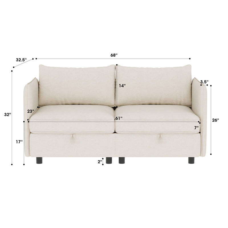 Loveseat Sectional Sofa with Hidden Storage, Beige Polyester