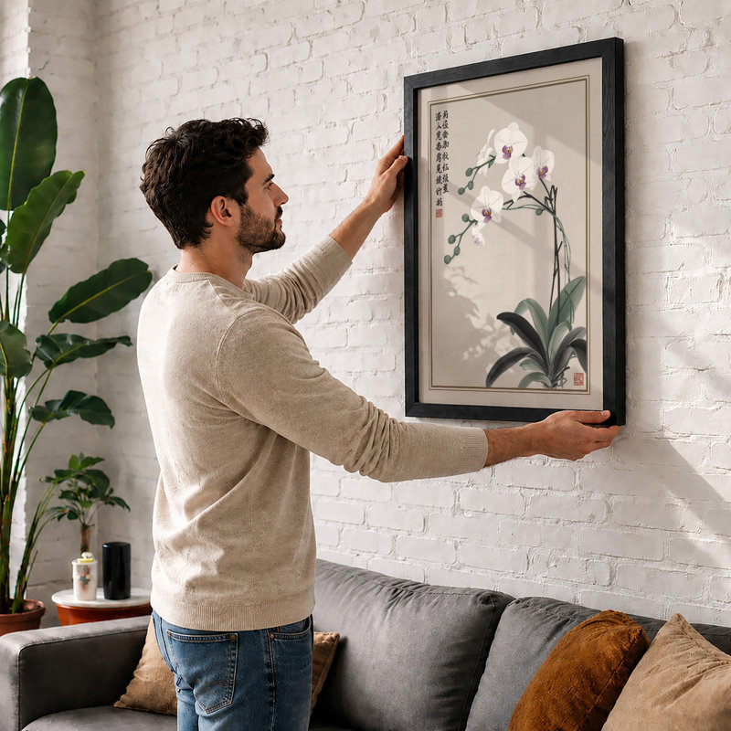 Orchid Study Japandi - Framed Print, A1 - 84.1 x 59.4 cm, Oak