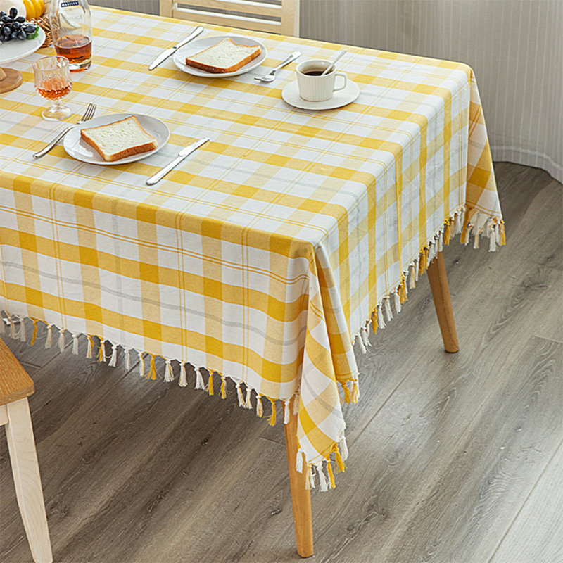 Gracie Oaks Yellow & White Plaid Cotton Blend Woven Tasseled Tablecloth, 56"x88" Rectangular, 56" x 56"