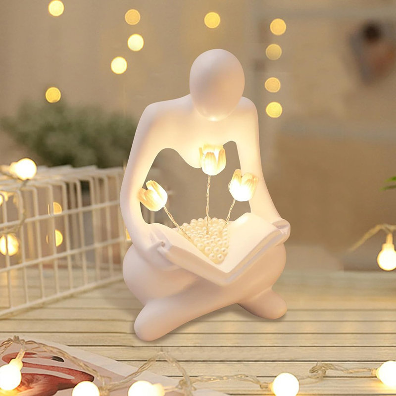 Statue de lecture de femmes avec lampe tulipe, sculptures de penseur ...