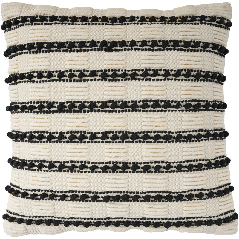 Handcrafted Black and Ivory Cotton Polyester Square Throw Pillow