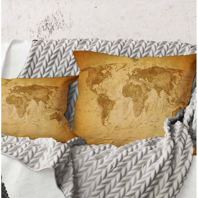 Carré, ancienne carte du monde X - Coussin décoratif à imprimé rétro, 18" x 18"
