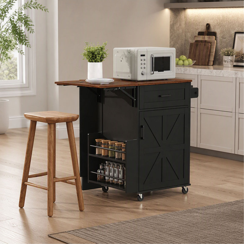 Îlot de cuisine K&K de style ferme de 100 cm avec abattant, îlot de rangement avec tablette latérale ouverte, tiroir, porte-serviettes, chariot de cuisine roulant avec roues verrouillables pour pelouse et jardin.