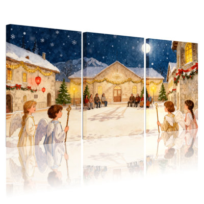«Christmas Christmas Angels Village Scene Night Snow», ensemble de 3 reproductions d'art sur toile