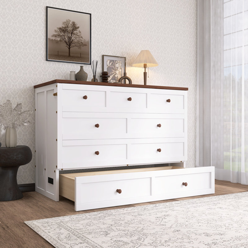 Solid Pine Murphy Bed Chest With Charging Station & Large Drawer