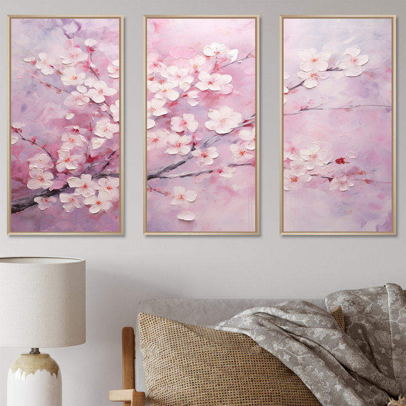 Minimalisme, cerisier rose - ensemble de reproductions d'art mural cerisier en fleurs, Cadre naturel flottant