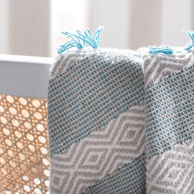 Beige & Teal Chevron Cotton Throw Blanket with Fringe