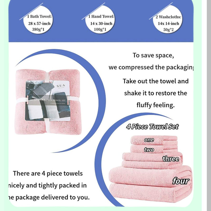 UltraSoft Quick-Dry Microfiber Towel Set - 4 Piece, Super Absorbent Bathroom, Shower, Hotel, Gym Towels - Light Pink