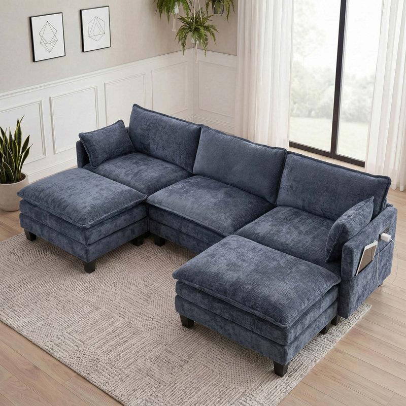 Ensemble de canapé moderne en chenille avec chargement USB et repose-pieds modulaire, Chenille bleu