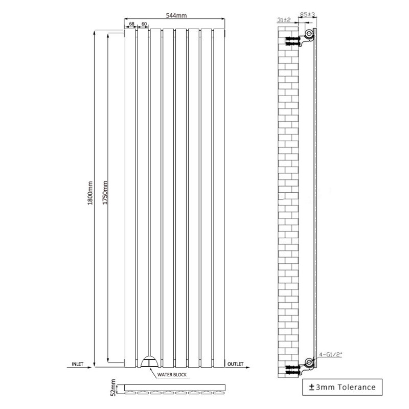 Shonnard Vertical Single Flat Panel Radiator, Normal Black, 180cm H x 54.4cm W