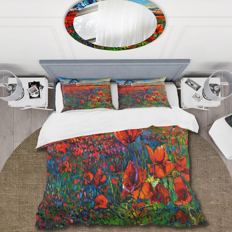 Blossoming Poppy Fields With Distant Tree - Traditional Duvet Cover Set - Microfiber Polyester