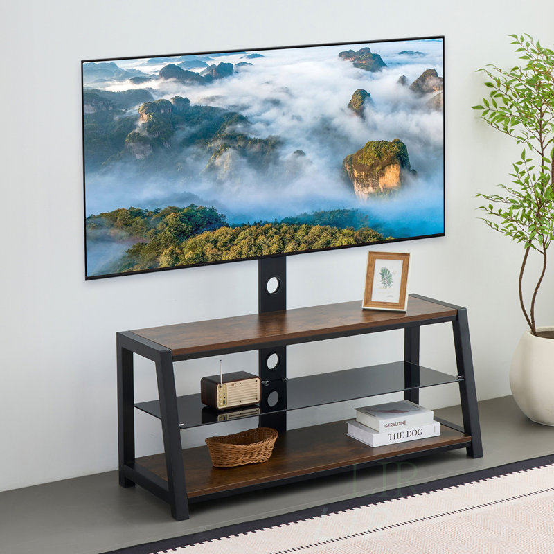 Rustic Brown Wooden Storage TV Stand With Black Tempered Glass And Height Adjustable Universal Swivel Mount | Gift Idea