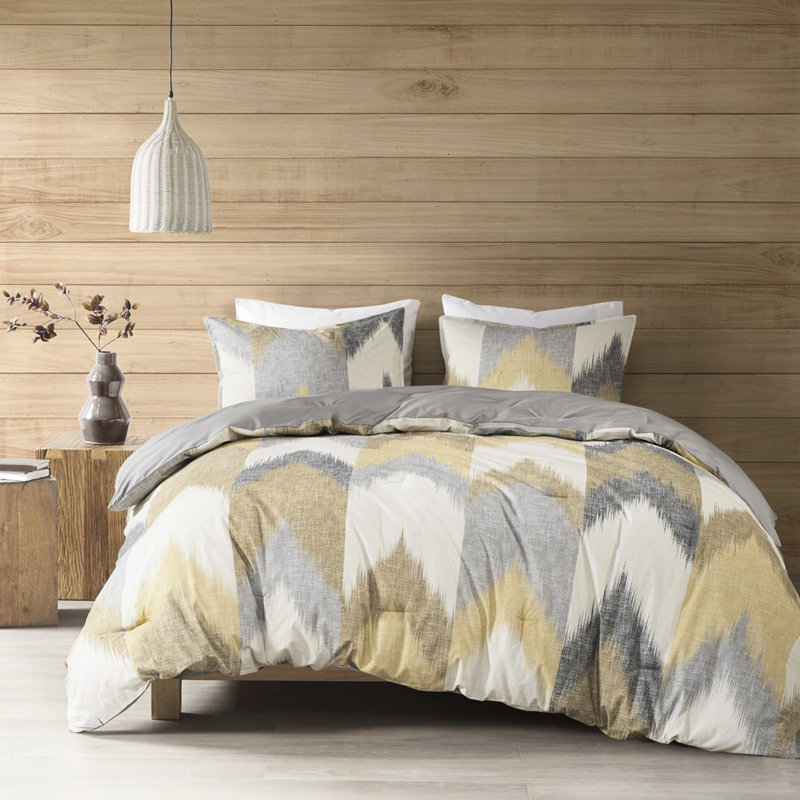 Édredon en coton imprimé jaune pour lit très grand / très grand lit, 3 pièces avec 2 taies décoratives