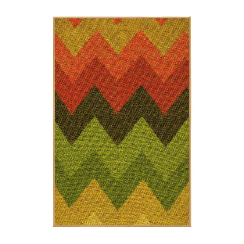 Tapis vert / orange / jaune à chevrons, Rectangle 4 pi x 6 pi