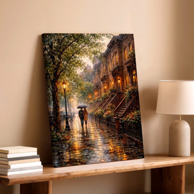 Rainy City Street Romantic Couple Brownstone Evening Home Canvas Wall Art Print, Decorative Contemporary Decorative Art Artwork for Living Room Bedroom Office Hallway Apartment Gallery Wall Home Decor