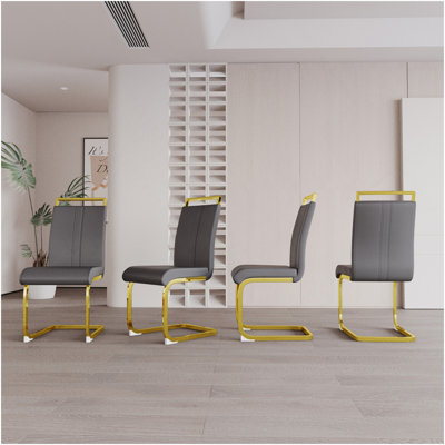 Chaises de salle à manger modernes, chaise d'appoint rembourrée en similicuir à haut dossier avec tube en forme de C. Plaqué pieds en métal doré pour salle à manger, cuisine, meuble-lavabo, patio, club, chaise de bureau d'invités (ensemble de 4) (gris + polyuréthane)