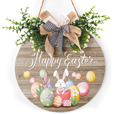 Joyeuses Pâques, couronnes pour porte, œufs de Pâques, enseigne suspendue en bois, panneau de porte de lapin mignon, décorations de Pâques rustiques avec arc pour la maison