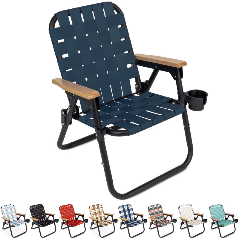 Navy Woven Aluminum Beach and Camping Chair with Hardwood Arms